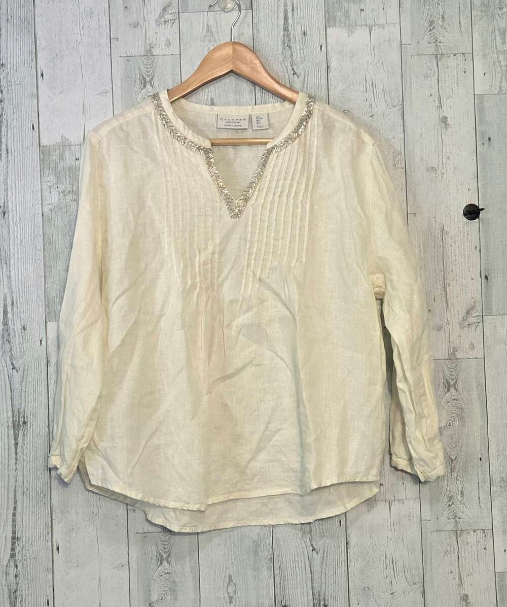 Calypso St. Barth Beaded Linen Split Neck Blouse Sz. L